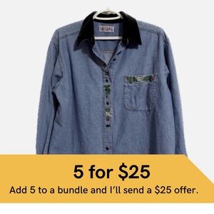 Vintage Bill Blass embroidered denim shirt with velvet collar.